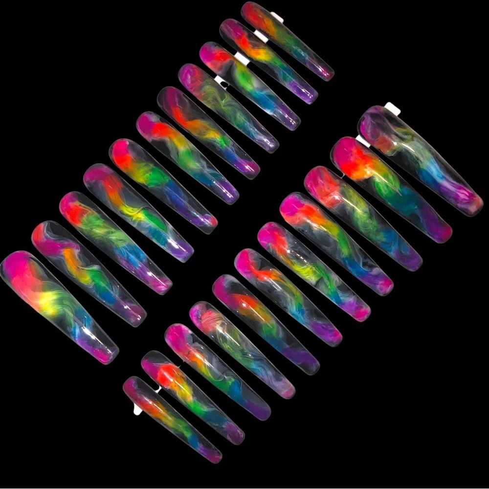 Custom Handmade Set of 22 Press On Nails 2X Long Coffin Shape Black & Ne… - Picture 9 of 9